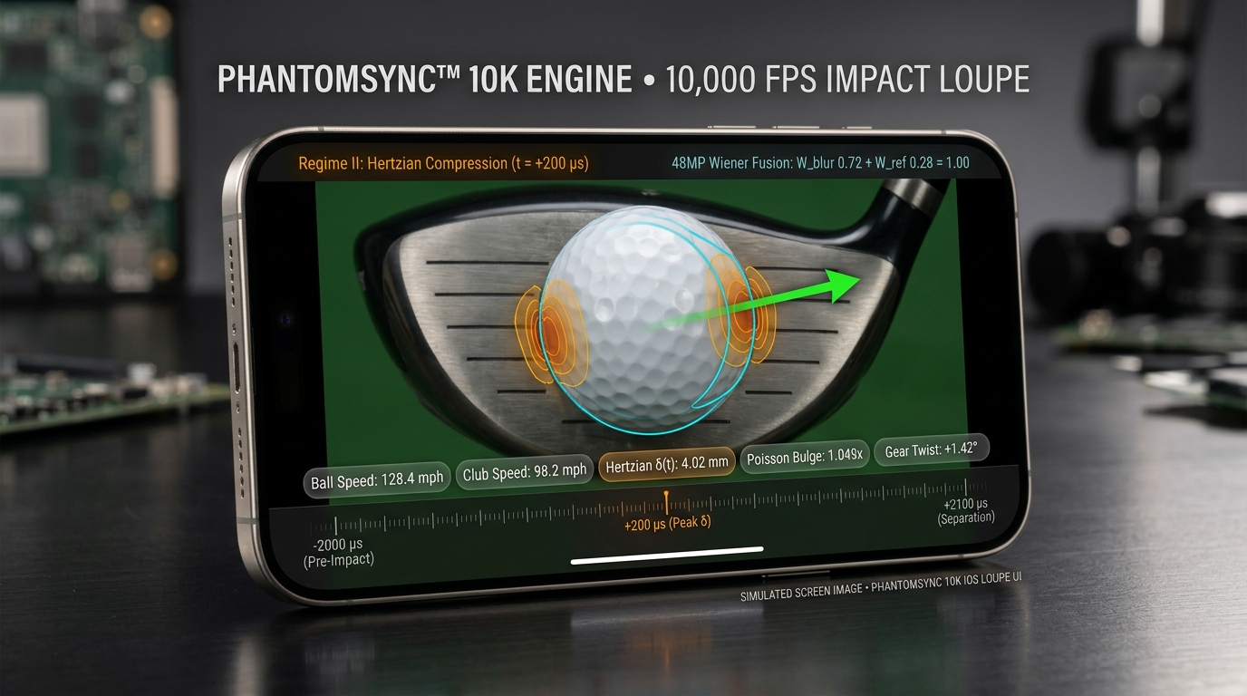 Simulated landscape iPhone interface showing golf ball compression, impact measurements and a 10K replay timeline
