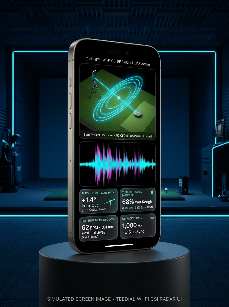 Simulated portrait iPhone interface showing the wireless sensing field between a phone and TeeDial puck, a waveform and sample telemetry